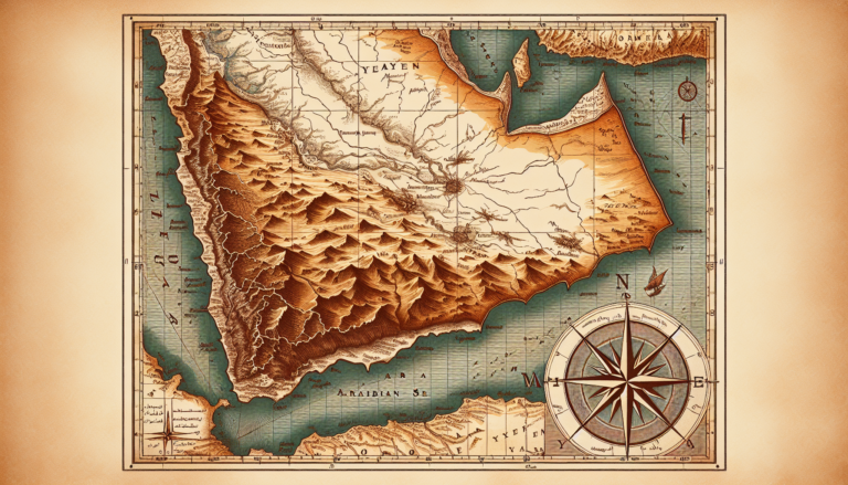 An illustration of a historical map, showcasing the geographical region traditionally recognized as the original homeland of the Arab people, the Southern Arabian Peninsula, including what is modern-day Yemen. The map should be depicted in an old cartographic style, with a compass rose and scale, the landmass is mostly desert with a few oasis clusters indicated, and the surrounding seas are parts of the Arabian Sea and Red Sea.