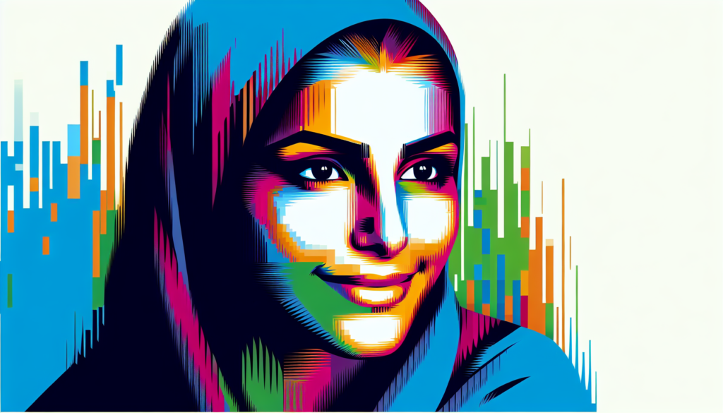 An artwork depicting a woman who is considered the most beautiful in the world, without any words or texts. The image should have a colorful and modern aesthetic. The woman is of Middle Eastern descent with defining features that carry a universal appeal. Her eyes are captivating, her smile serene, and her posture radiates confidence. The colors in the image should be vibrant, embodying a spectrum of hues that mirror the diversity and richness of human beauty.