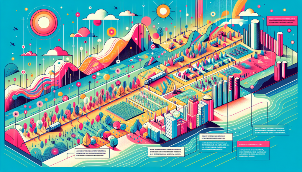 Illustrate a timeline of events without words, focusing on key moments leading to a territorial occupation of a hypothetical land by another. The design should be vibrant and contemporary, using bright colors and modern art style.