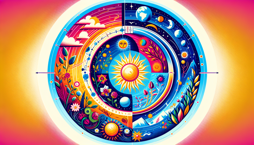 A vibrant and modern illustration depicting the reasons for the regularity of the four seasons. A vivid representation of the Earth's revolution around the Sun, the tilt of Earth's axis, and varying sunlight intensity at different parts of the year, all contributing to different climate changes and vegetation cycles, causing the occurrence of Spring, Summer, Autumn, and Winter.