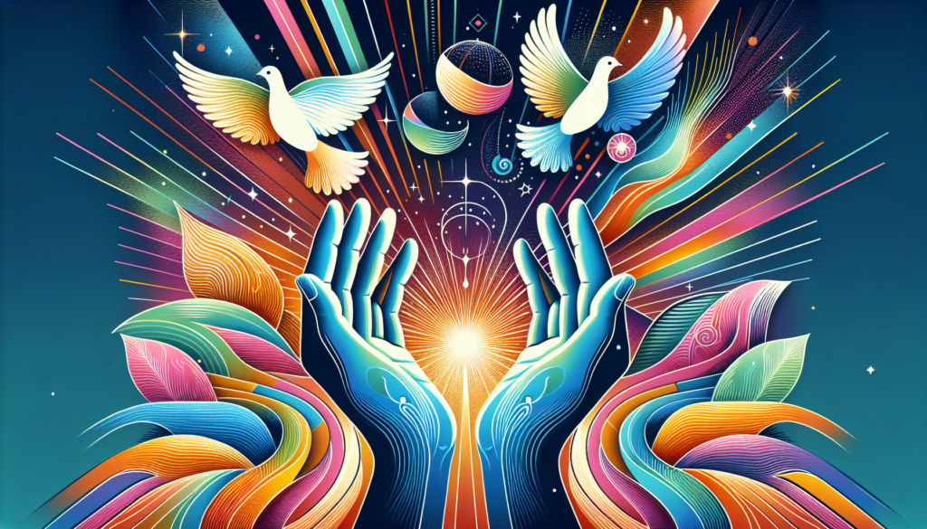 A modern and colorful illustration that symbolically showcases the reasons why prayer is considered the greatest form of worship. The image might involve various artistic representations of spirituality like rays of light, open hands reaching towards the sky, peace doves, and colorful aura around a tranquility scene. Please avoid including any words or text.