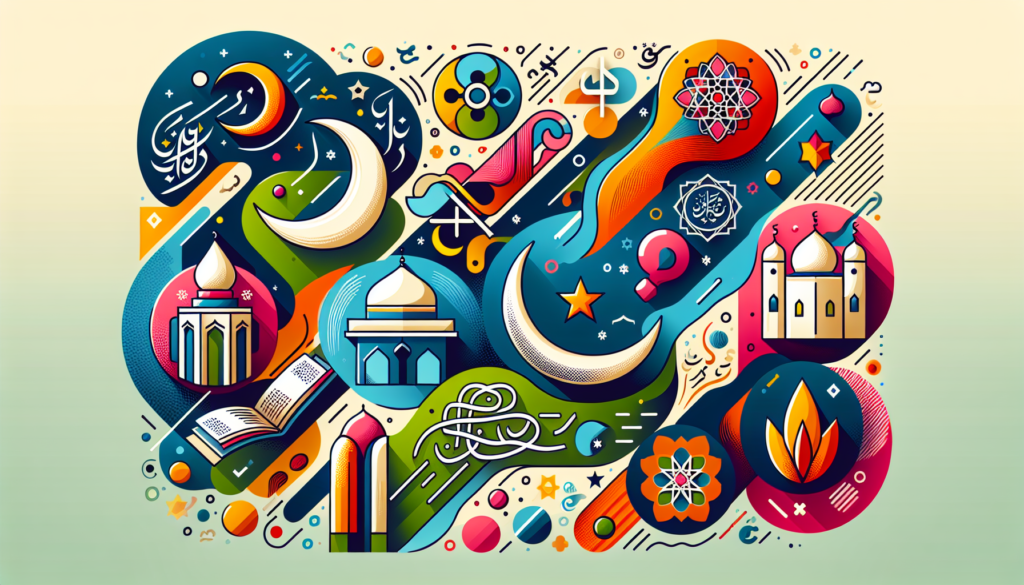 Illustration of several abstract concepts representing the reasons for fasting on the day of Ashura. The image should not contain any text. Design it in a modern style with vivid and diverse colors. The illustration may include symbolical representations of fasting, faith, devotion, and spirituality. Remember to make it abstract and vibrant to express the spiritual and cultural significance of the day.