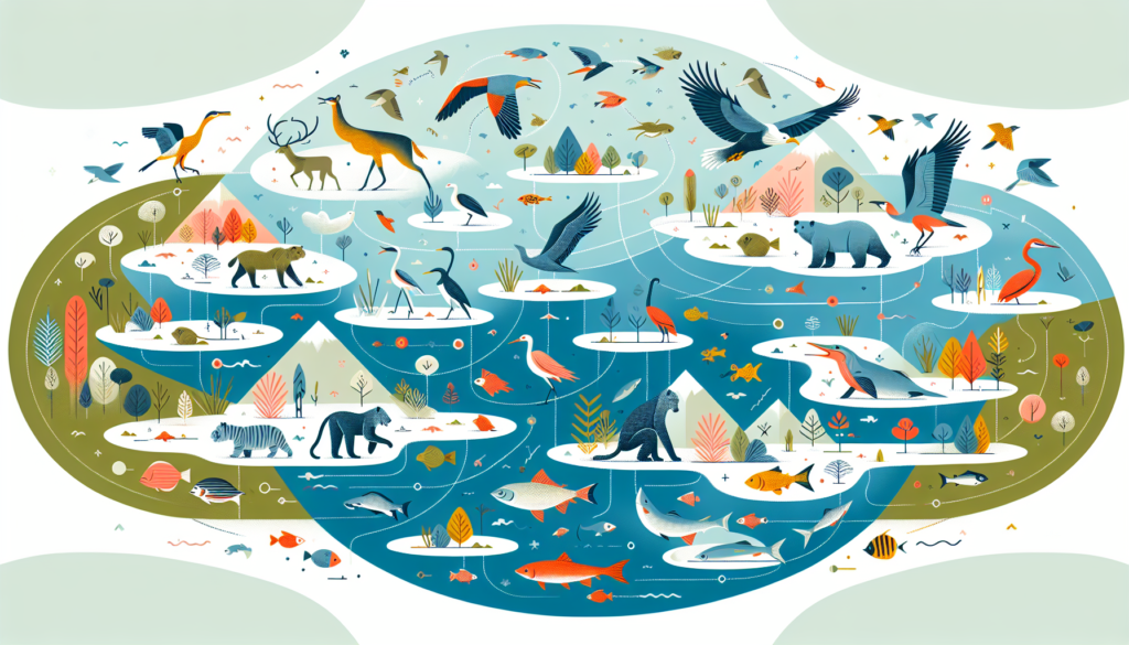 Create a modern and colorful illustration, without text, depicting various reasons for animal migration. The image should showcase different animals such as birds, fish, and mammals engaging in their distinctive migratory patterns due to various reasons like change of seasons, scarcity of food, and reproduction purposes.