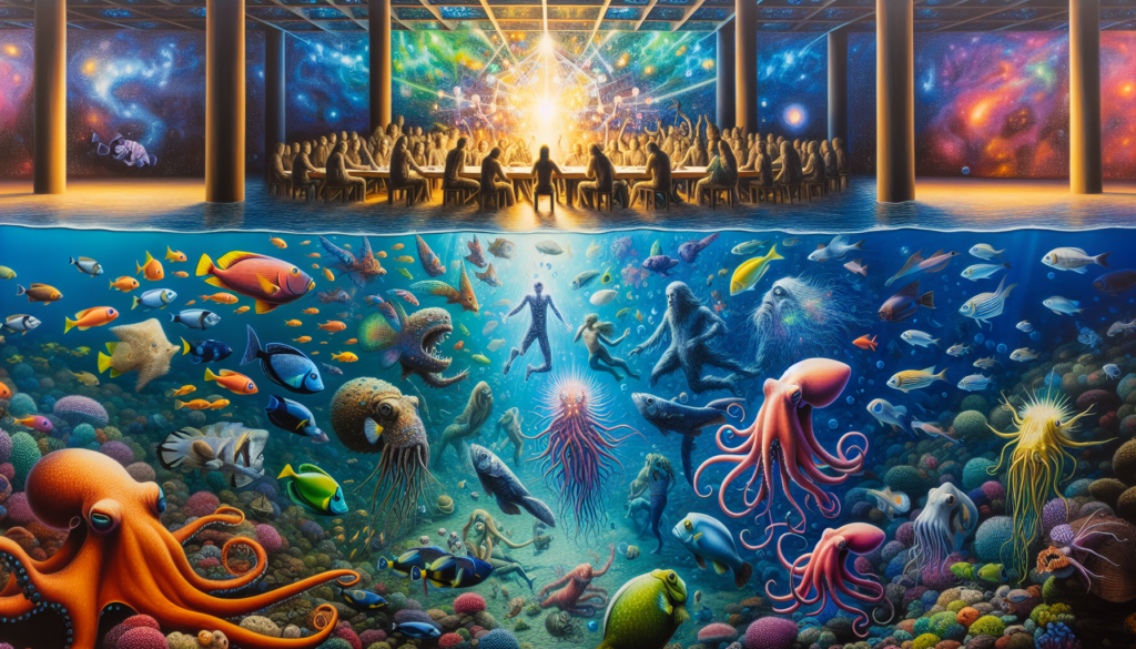 A vibrant and contemporary depiction of various marine creatures reacting to a gathering at a 'house of knowledge'. The scene plays out under the mystical light split by the water's surface. We see a variety of species-- from octopuses to colorful schools of fish-- congregating, their expressions one of coalescence and curiosity, as they interact with each other under the ocean's surface. The house of knowledge could be an underwater structure, made from natural materials, and is lit with bioluminescent light. Elements of intelligence, discovery, and cooperation are woven throughout the scene.