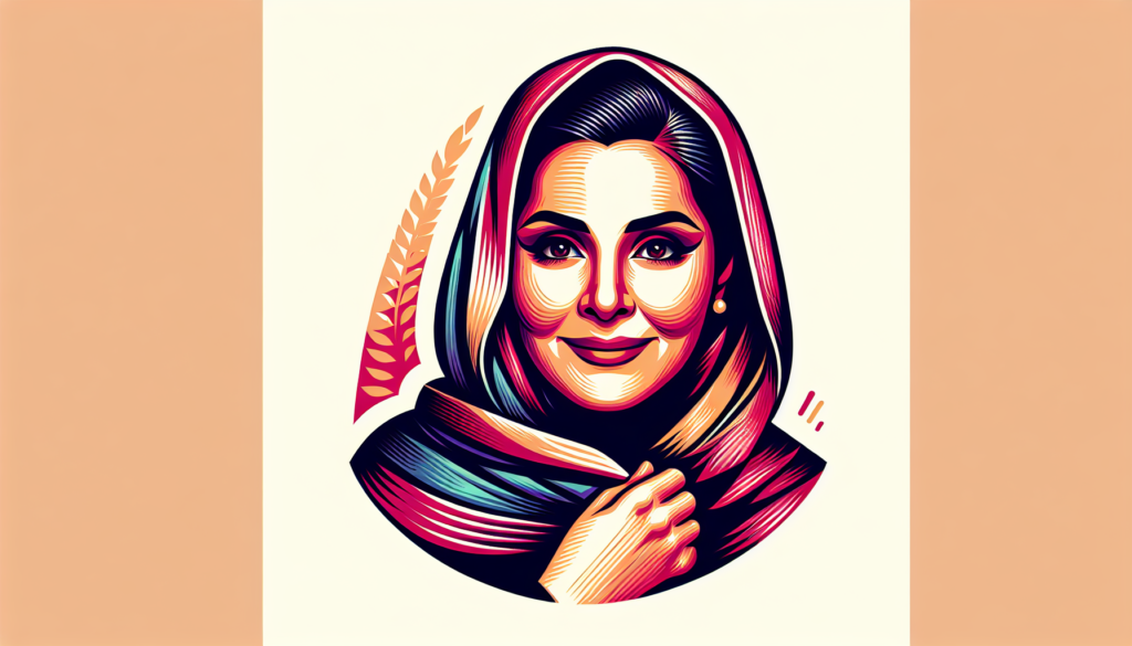 Create an illustration of a renowned Arab actress in a role of a mother, without any words, just the visual representation. Make the image modern and filled with vibrant colors. The actress should not resemble any real-life personalities. She should be wearing a traditional outfit signifying her cultural background.