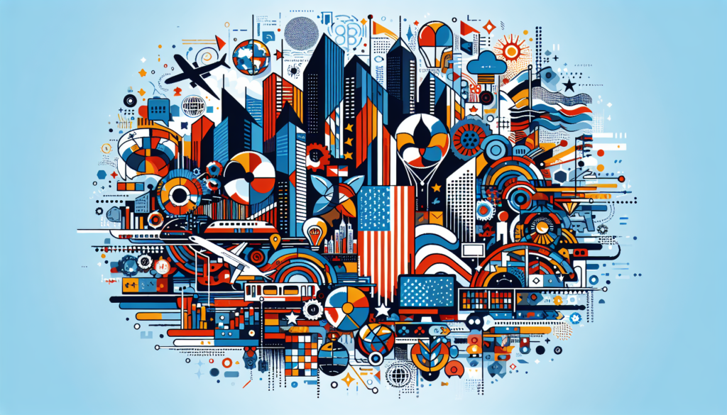 An illustration that symbolizes the concept of the most powerful country in the world, without any text or words. The image should be colorful and modern, showcasing things such as skyscrapers, robust technology, strong economy indicators, and a blending of diverse cultures. Remember not to include any specific national flags or identifiable symbols referring to a particular country.