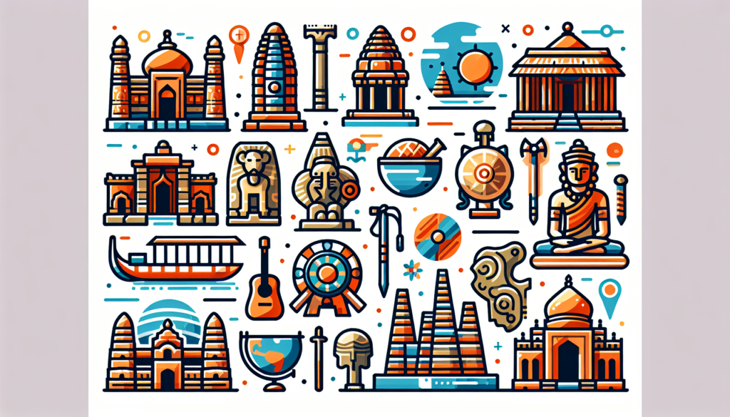 Illustrate various archaeology sites around the world in a modern and colorful style. Focus on details such as ancient structures, relic items, and historical artifacts without any textual indications. Make sure to include varied locations that highlight the diverse cultures and historical eras found globally.