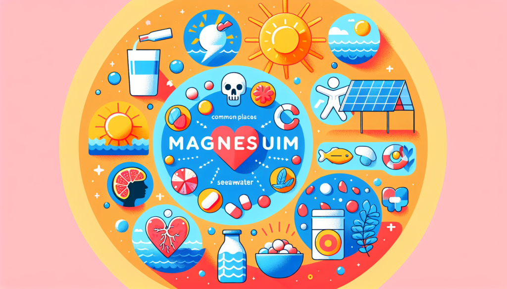 Generate an image showcasing the common places where magnesium can be found. The illustration should be colorful, modern, and without any text. This could include, but is not limited to, places like the human body, certain foods, seawater, etc.