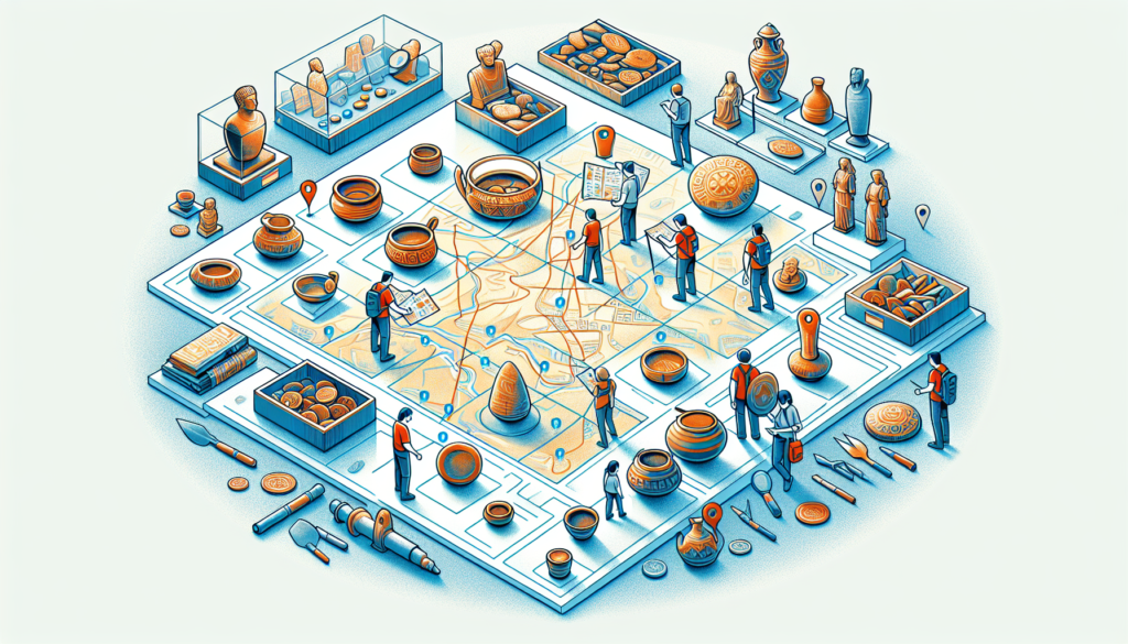 Illustrate the importance of mapping archaeological sites prior to moving artifacts. The image should be vibrant and adopt a contemporary art style. It should depict numerous archaeological items like pottery, statues, or coin collections placed strategically over a precisely drawn map. Key locations are marked, and team members are actively engaged in preserving and cataloging these artifacts. The atmosphere should be calm yet meticulous, with no textual elements included in the image.