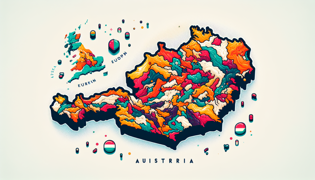 Illustrate a colorful and modern map highlighting the location of Austria. Show its position in Europe, but do not include any text labels. Display surrounding countries as well, but ensure Austria stands out prominently. Use a variety of vibrant colors to enhance the contrast.