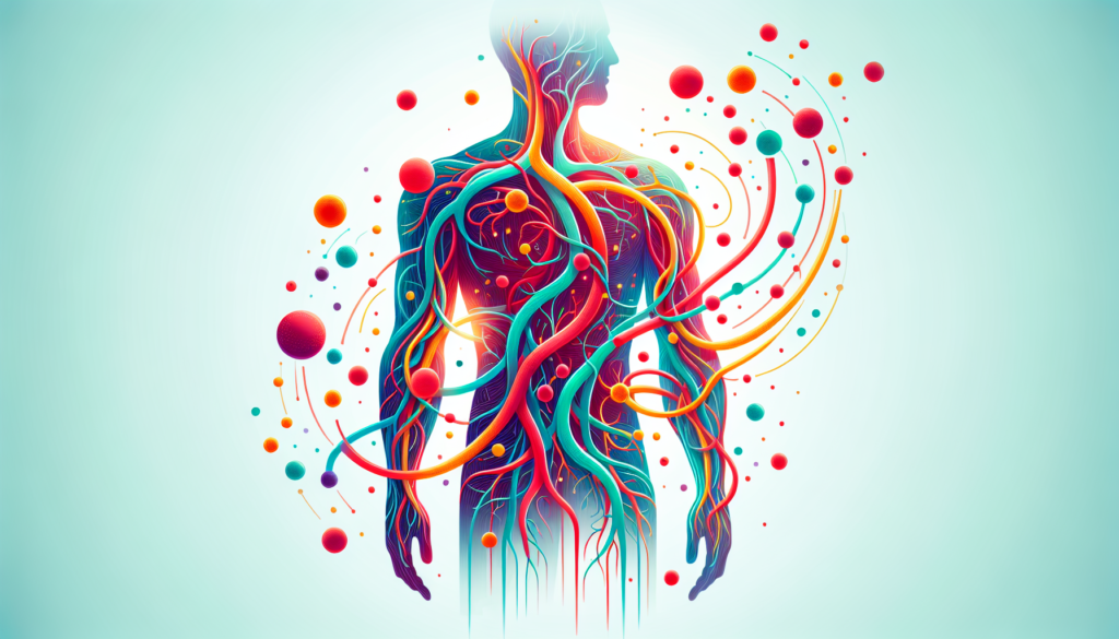 Create a modern, colorful illustration that effectively depicts the oxygen-rich blood in the human body. The illustration must visualize the circulatory system, with vibrant colors highlighting the oxygenated blood as it flows through the arteries and distributes throughout the body, while no textual labels or descriptions are displayed.