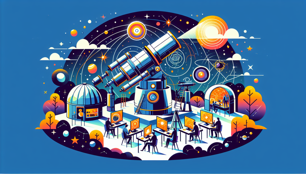 A modern and colorful illustration demonstrating the uses of astronomical observatories in the study of astronomy. The image should depict an advanced observatory equipped with state-of-the-art equipment like telescopes and computers, as well as scientists of various genders and descents using these tools to observe the night sky filled with stars, galaxies, moons, and other celestial bodies.