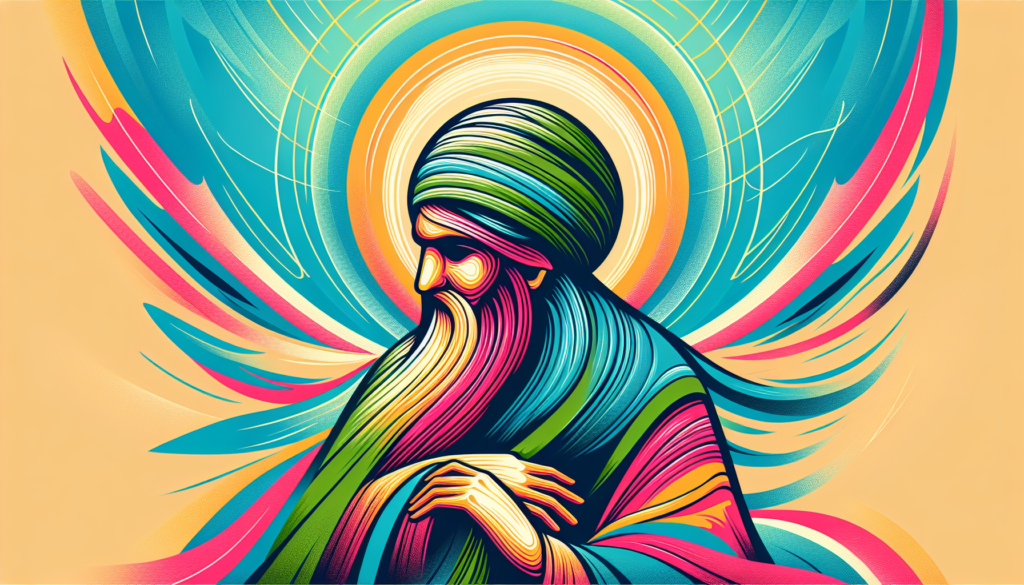 A vibrant modern art interpretation of an Islamic historical figure renowned for entering paradise without a single prostration. The image should not contain any text, only colorful illustration of the figure exuding an aura of piety and tranquility.