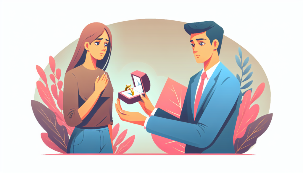 Create an illustration in a modern, colourful style. The scene comprises a decision-making situation where a man is presented with a ring, implying a proposal, with the woman hesitating due to her already being married. The emotions are reflected through their expressions and body language. No words are present in the image.