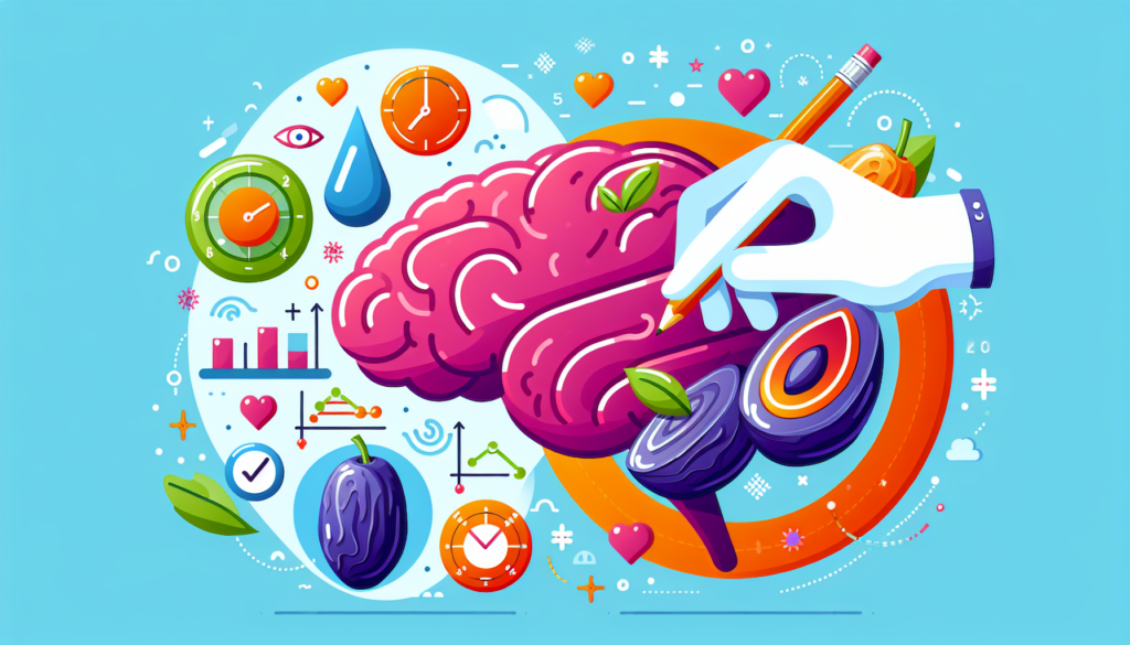 Create a modern and colorful illustration that demonstrates the impact of dates on brain health. Incorporate symbols of brain and dates in the design. Make sure to use bright colors to emphasize the positive effects.