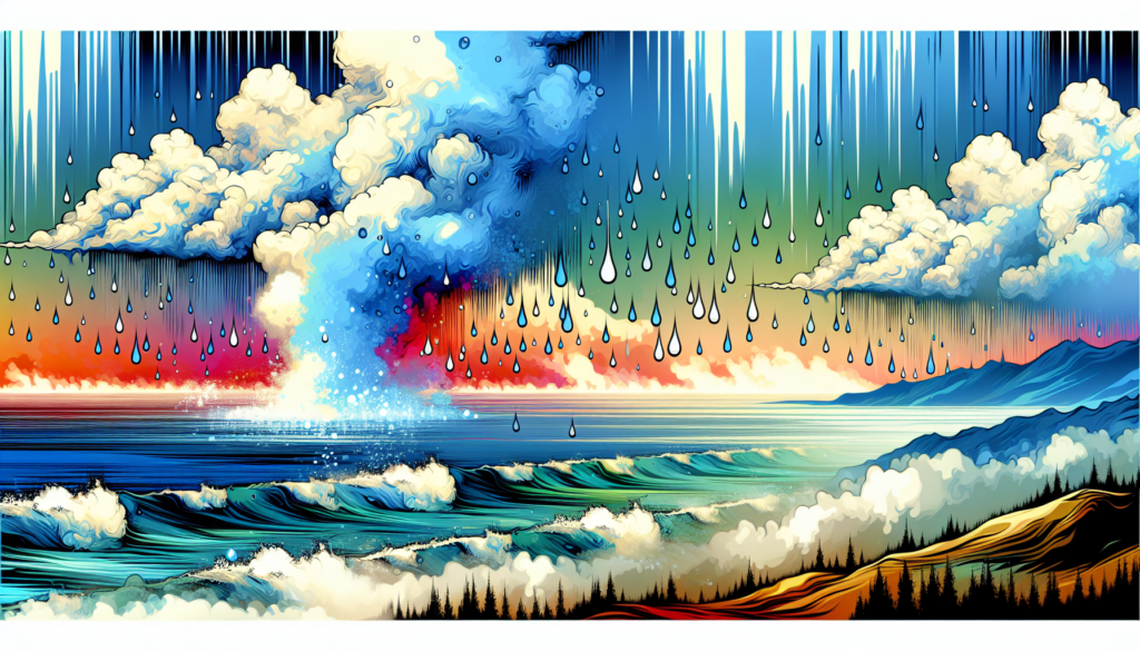 A picturesque scene showing the transformation of water vapor from the sea into raindrops. The illustration should depict a vibrant, abstract and contemporary style. The image should include an expansive sea scene with steam gently rising from the surface of the water. High above, fluffy clouds begin to condense, transforming the water vapor into droplets, which then descend as rainfall. The colors used should be vivid, with emphasis on a palette that harnesses the full spectrum of colors in a modern interpretation. Note that no text is to be included in this artwork.