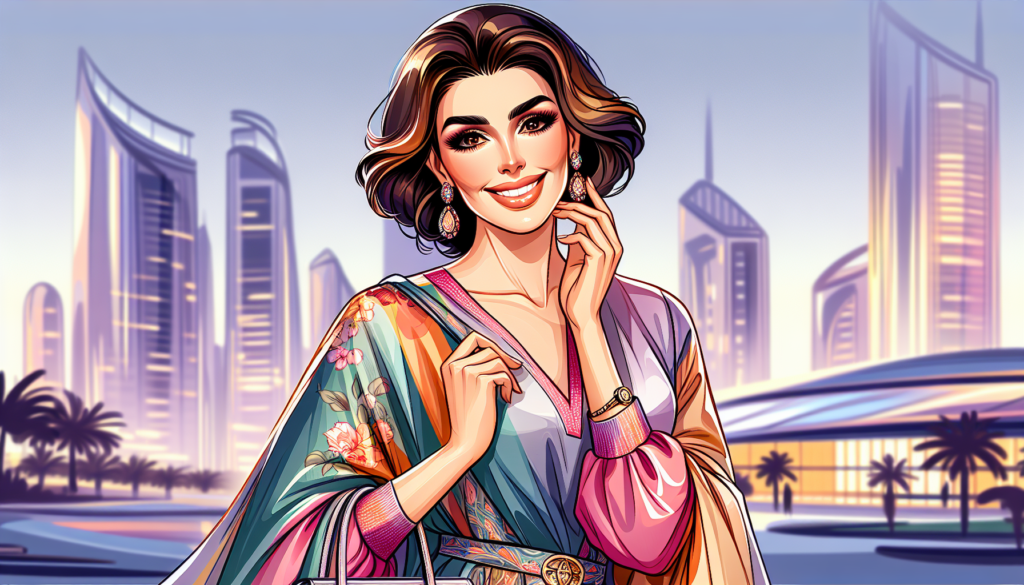 Illustration of an Arabic woman in a colorful and modern attire, exuding elegance and poise. The woman is mature with beautifully styled hair and a radiant smile. She wears a vibrant dress and holds a purse in her hand. The background suggests an evening setting with a high-end, urban landscape visible. The overall tone of the image is joyful.