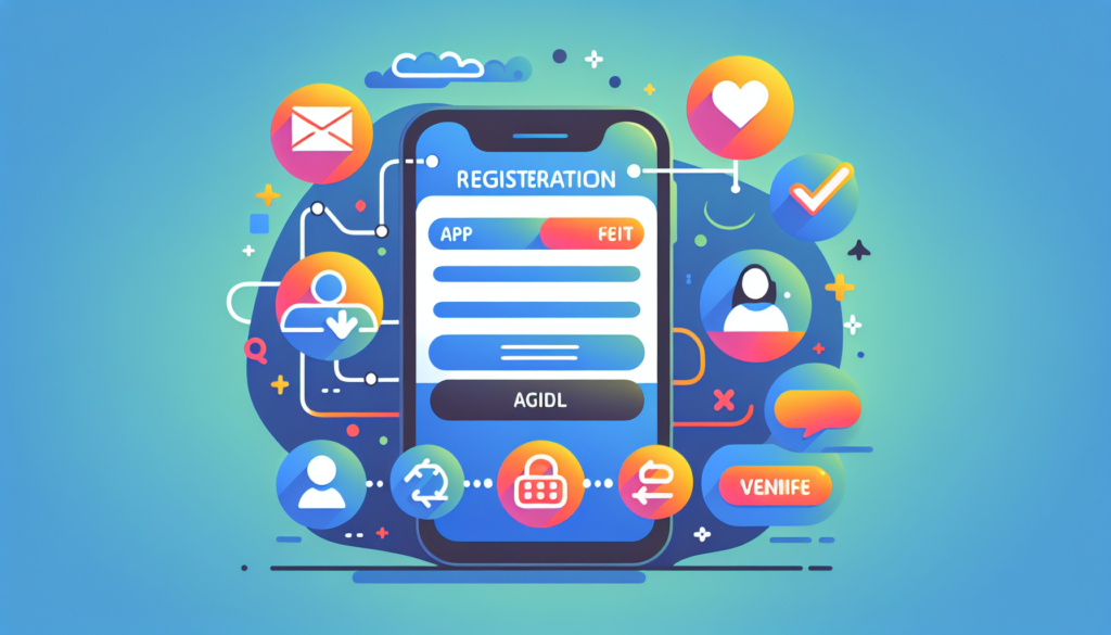 A modern, colorful illustration detailing the registration process in a generic smartphone app. The guide includes iconography for the steps such as app download, filling in user information, and verifying account details.