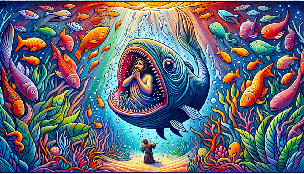 A vibrant, contemporary depiction of the story of Jonah (without text). The scene shows a puzzling atmosphere with Jonah inside the belly of a large fish underwater and him praying for forgiveness. Impression of beautiful aquatic life surrounds the fish in rich hues.