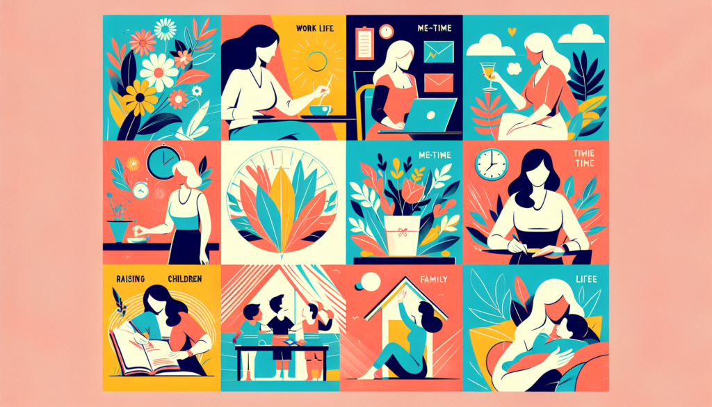 An illustrative, colorful and modern depiction of a married woman's life, showcasing different scenes and life events without any words. These scenes could include her work life, me-time, time with family, raising children or her personal achievements. Aim for a style that captures the vibrancy, complexity and diversity of a married woman's life.