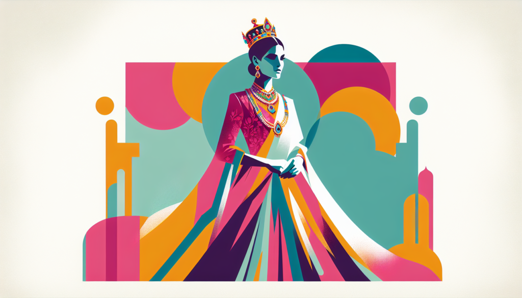 An illustration of a modern and colorful image of an unidentified royal woman dressed in traditional attire. She stands with an air of elegance and pride, exuding an aura of strong leadership. The color palette is vibrant and contemporary, with a mix of bright and pastel shades depicting her regalia. The background is minimalist, making her the central focus of the illustration.