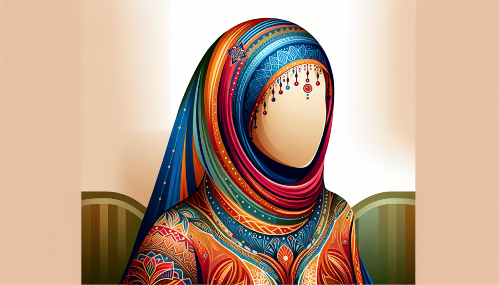 Create a contemporary, colorful illustration of an anonymous female figure dressed in traditional Middle-Eastern attire. She is portrayed with grace and dignity, radiating wisdom and serenity. The attire is intricate and well-detailed, with beautiful, vibrant colors. No text is included in the image.