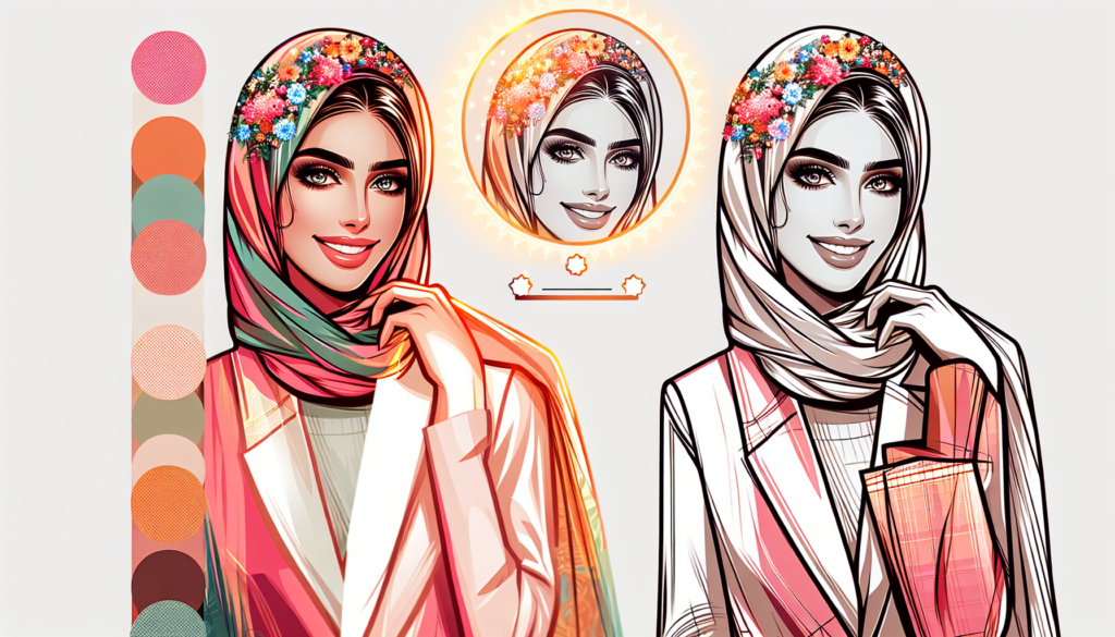 Create a modern and colorful illustration of an elegant woman who is a public figure in the Middle Eastern entertainment industry. She should be characterized by her glowing appearance, wearing a fashionable outfit and having a radiant smile. Nobody's name or clear identity should be obvious in the image.