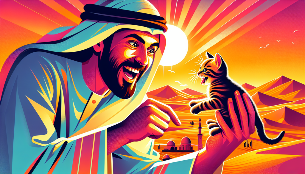 A vibrant, modern illustration depicting a man from the Middle-Eastern descent enthusiastically interacting with a small kitten. The man has a joyous look on his face and you can see the affection in his eyes for the kitten. In the backdrop, illustrate a desert landscape bathed in warm sunset hues - a quintessential scene of the Middle East. The man is traditionally dressed wearing a thobe and a keffiyeh.