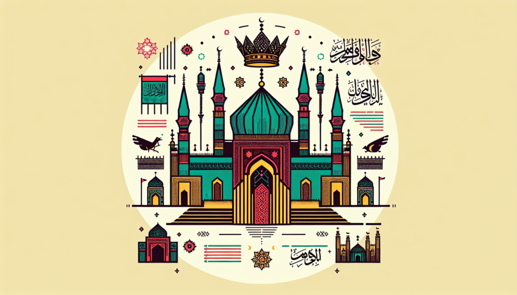 Illustrate the reason behind naming the Abbasid Caliphate. Ensure a modern, creative, and colorful representation. Let the illustration show symbolic elements like ancient Islamic architecture, a caliph's crown, Arabic calligraphy, and other core historical elements uniquely associated with the Abbasid era. Remember, no text should be used within the image, only symbolic representations.