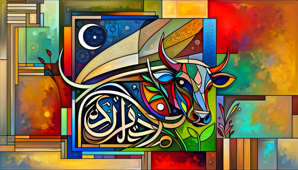 An abstract representation displaying the reason behind naming the Quranic chapter 'The Cow'. Ensure it is entirely wordless. The artwork should be vibrant, filled with various colours, and has a contemporary art style.