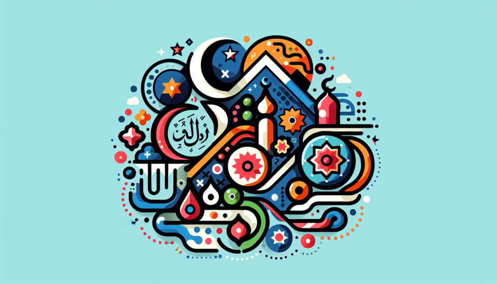 A modern, colorful depiction of symbolic elements that represent the reasons behind naming 'The Rocky Tract' (Al-Hijr) chapter in the Quran. Please include abstract symbols and patterns that represent the narrative surrounding the chapter without any text. The design should be contemporary and vibrant in style.