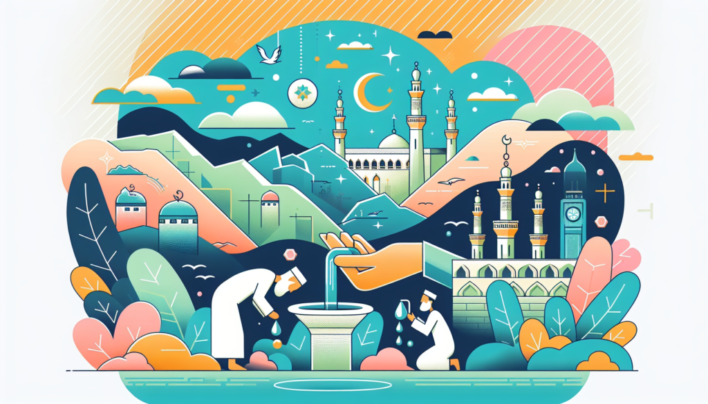 Create a modern and colorful illustration showing elements that represent the significance of the Day of Tarwiyah in Islamic tradition, such as depicting the pilgrims drinking water at the well of Zamzam, and the state of tranquility and spiritual preparation before the Day of Arafah, without the use of any text.