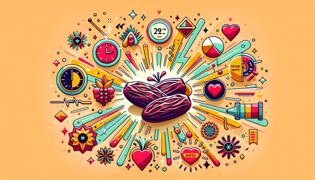 Visualize an abstract but colorful and modern illustration of the benefits of dates for breaking the fast. Highlight the nutritional value through symbols and metaphors like energy sparks, mini suns, or heart icons radiating around the dates. No words should be included in the image, just compelling illustrations.