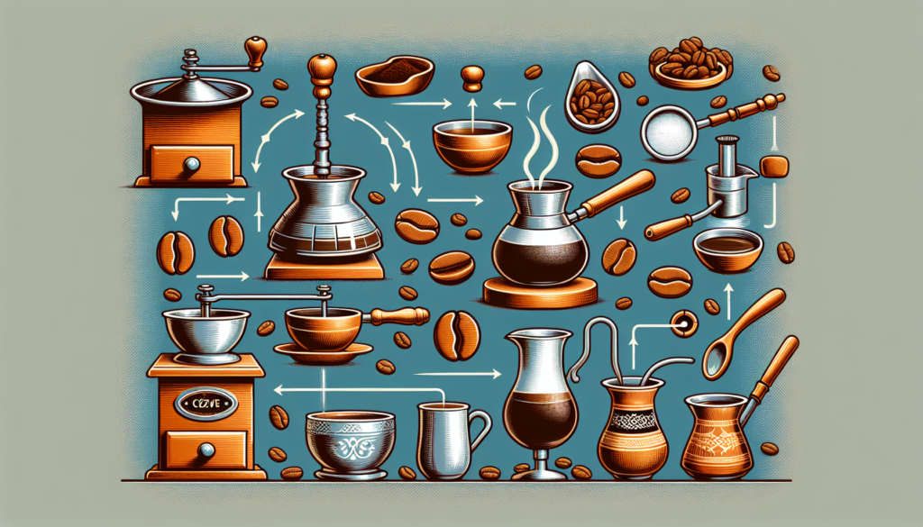 An informative, modern, and vivid illustration showcasing everything one needs to know about the process of brewing Turkish coffee. The image should capture each detailed step of brewing, from the beans' selection to the final pour into a distinctively shaped cup. Include also different tools used, like a grinder, a coffee pot known as Cezve/Ibrik, and a set of small traditional cups. Please, abstain from using any text within the illustration.