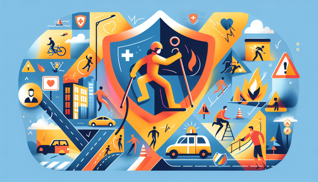 Create a vibrant, modern, and wordless illustration that effectively visualizes the concept of self-protection. This could include images such as a figure skillfully navigating dangerous obstacles or a scene depicting safe activities and precautions taken in various public spaces.