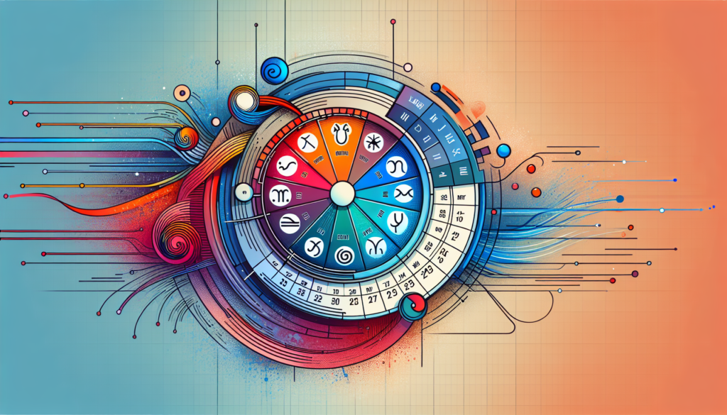 Illustrate the concept of determining one's astrological sign based on their birth date in a colorful and modern style. The image should show a vibrant wheel with Zodiac symbols corresponding to different months, perhaps connected by sleek lines to a calendar symbol, all presented in a contemporary, dynamic fashion. The image should exclude any text and communicate the idea purely through visual elements.