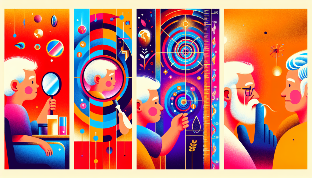 Create a vibrant, modern illustration without any text demonstrating the concept of determining one's age with ease. The image should have a first panel showing a baby looking into a mirror. The middle panel includes an adolescent examining a timeline marked with significant life events. The final panel portrays an elderly individual contemplating a strand of white hair, symbol of wisdom and age. Please focus on rich colours and contemporary design aesthetics.