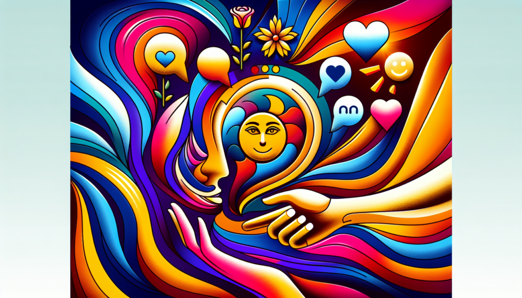 Create a modern, colorful illustration. The image should visually interpret the phrase 'How are you?' in English. Picture this: a word bubble emanating from a vibrant figure's mouth, showing not words, but symbolic representations. You might see a posy for politeness; a golden, shining sun for warmth; two hands shaking for greetings; a smiling emoji for friendliness. All of these are wrapped in a heart shape, enveloped by a positive, radiating aura, denoting wellness. Place this all against a backdrop of high-spirited, bold colors in an ultramodern art style.