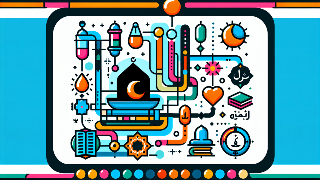 A modern and colorful, non-textual illustration demonstrating the process of performing the Istikhara prayer. The image should depict the various steps of the prayer, such as the intention, the prostration, and the specific times for the prayer, all conveyed through symbols and color coding. The illustration should be in a contemporary style, using vibrant colors and simplified geometric shapes for clarity and visual appeal.