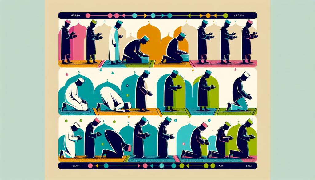 Illustration of performing the Witr prayer, portrayed in a modern and colorful style. The depiction includes a series of figures displaying the various stages of the prayer, from standing to bowing to prostrating. Each step is differentiated by vibrant colors to provide a clear guide, while the overall aesthetics are contemporary. No words are to be used in the illustration.