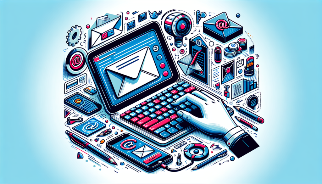 Create a detailed and modern illustration depicting the process of creating an email. The illustration should not contain any words and should rely entirely on vibrant colors and symbolic representations. The scene could include elements like a digital device, a symbolic envelope, and references to typing and sending. The overall aesthetic should be sleek, clean, and contemporary.