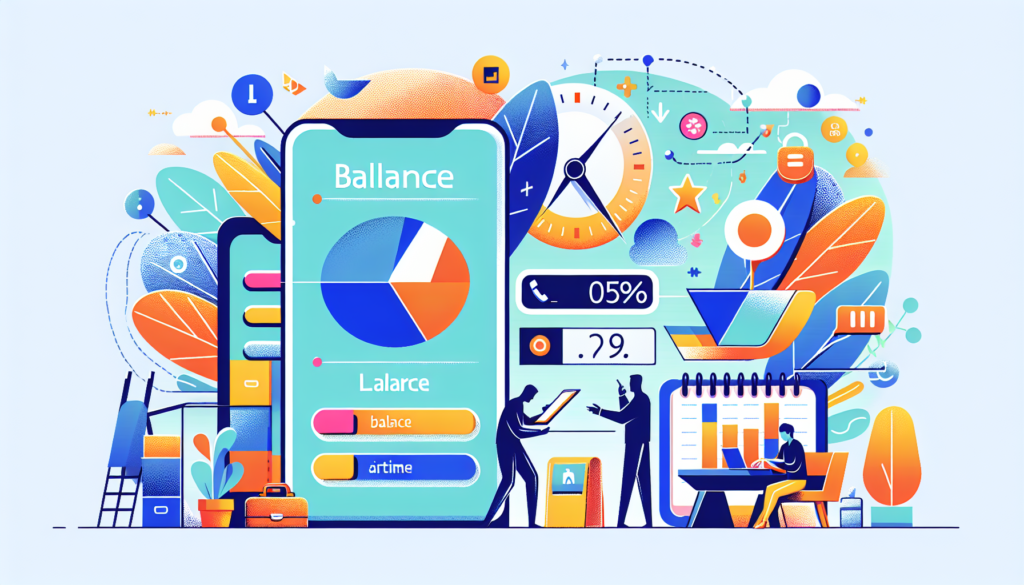 Visualize a step by step guide on checking the balance of a prepaid plan. The illustration should not contain any text, only symbolic and pictorial representations. The scene should display a modern and colorful aesthetic. Elements might include depictions of a mobile phone showing a balance inquiry application, a user interacting with the phone, and symbols representing data balance or airtime. The design style should be contemporary, with bright and contrasting colors.