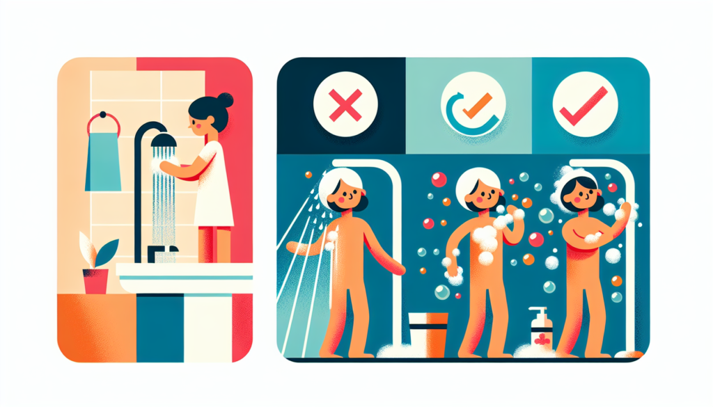 An educational illustration shows the proper hygiene procedures in a modern and colorful style, without the use of any words. This includes: a person turning on the shower (step 1), a person rinsing their whole body under the water (step 2), a person performing ablution (step 3), and a person washing their entire body with soap (step 4).