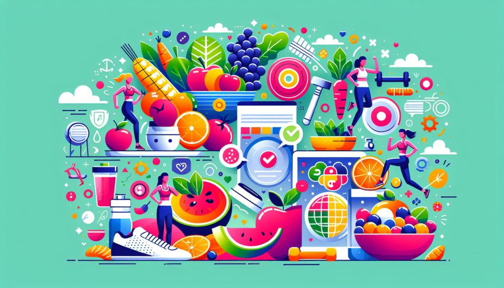 Create a lively and modern illustration that displays a healthful approach to weight loss. The image should involve various scenes of balanced nutrition, such as a selection of fruits, vegetables, lean proteins, and whole grains. It should also demonstrate regular physical activities like jogging, yoga, or lifting dumbbells. Please note that this image should be colorful and contain no words.