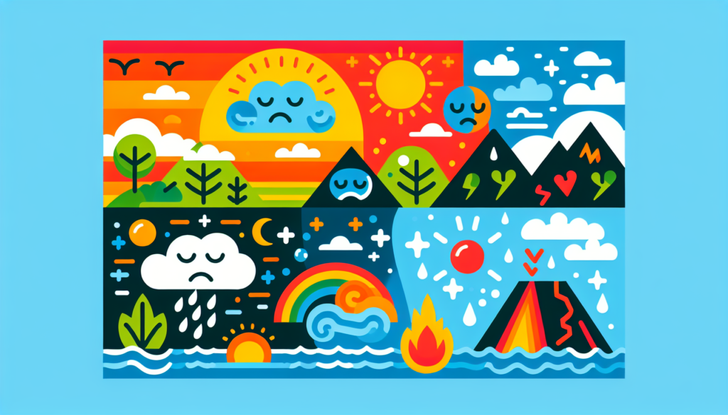 Create a modern, colorful illustration displaying representations of different moods and emotions. The image should include symbols commonly associated with mood expressions, such as a vibrant sunny landscape for happiness, a dark cloud for sadness, a simmering volcano for anger and a calm sea for tranquility. No text should be included.