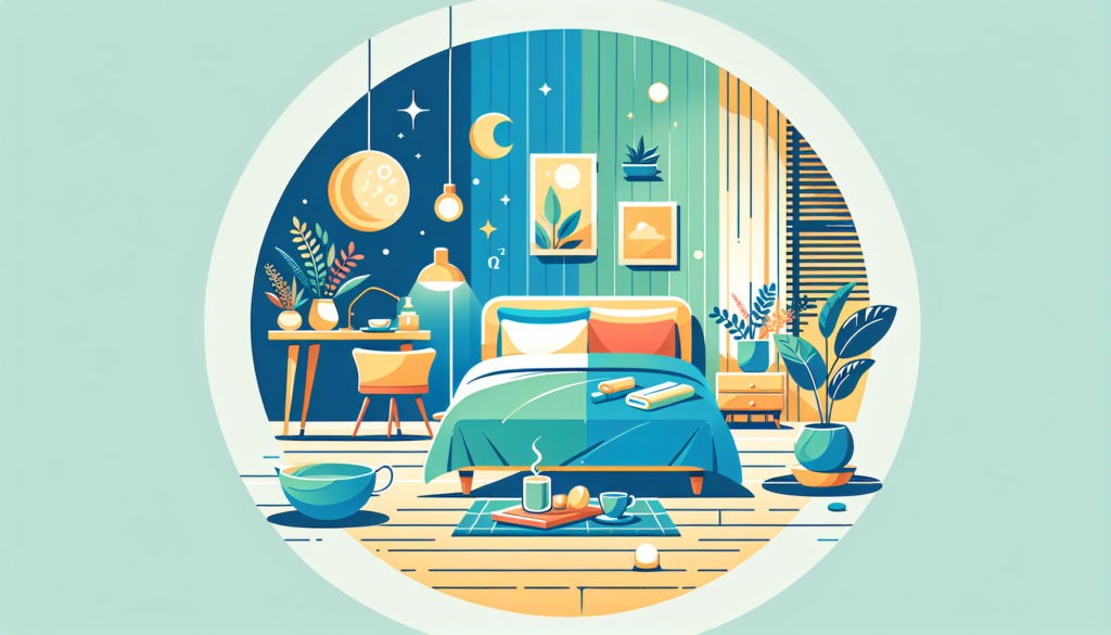 Create a modern, colorful illustration that shows the process of achieving peaceful sleep. The image should prominently feature a cozy bedroom setting with a comfortable bed. The surroundings should reflect tranquility, such as wall paint in soothing colors, dim lighting, and peaceful decorative items. There might also be elements that suggest a bedtime routine, such as a book by the bedside or a cup of herbal tea. Please do not include any text in the image.