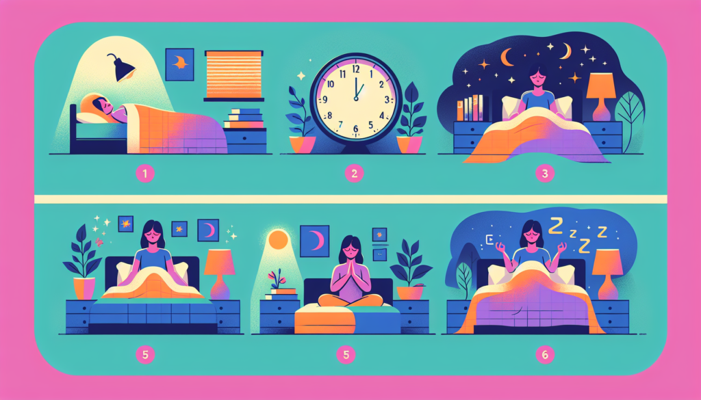 Create a colorful and modern illustration showcasing steps on how to fall asleep quickly. Begin with someone getting comfortable in bed, followed by them closing their lights, and, perhaps, meditating or reading a book. Show their clock marking an early time for bed, the gradual dimming of lights, and finally, the person sound asleep under a cozy blanket. No text should be included in the image.