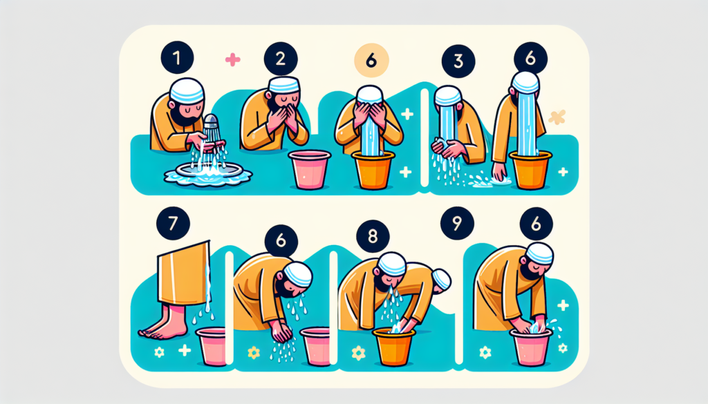 Please illustrate a colorful and modern step by step procedure of performing the Islamic ritual of ablution. Start with the washing of the hands and progress through rinsing the mouth, washing the face, washing the arms up to the elbows, wiping the head, washing the feet up to the ankles. Please omit any words or text and depict this solely through a sequence of vivid, approachable illustrations.