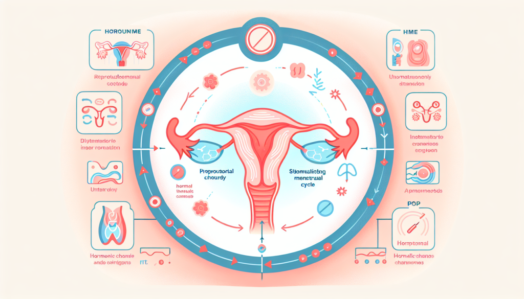 Create a modern, colorful illustration diagram showing how to stimulate menstrual cycle. The illustration should depict a representation of a human body with focus on the reproductive system, and arrows to indicate the hormonal changes and processes. The picture should have a clean layout and use soft hues. No text should be included, only symbolic imagery.