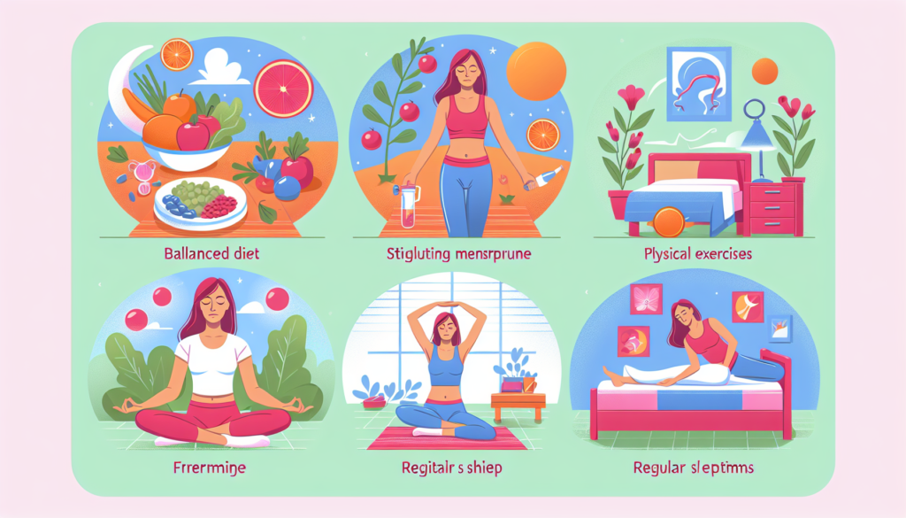 A step-by-step illustrated guide about stimulating menstrual cycle, showcased in a modern and colorful style. The first image should depict a balanced diet with fruits, vegetables, and grains. The second image should show a woman doing physical exercises like yoga or jogging. The third image could show a woman relaxing, emphasizing the importance of stress management. The fourth image should promote regular sleep patterns, maybe through a picture of a serene bedroom. Each illustration should be vibrant and contemporary, appealing to a young adult audience.